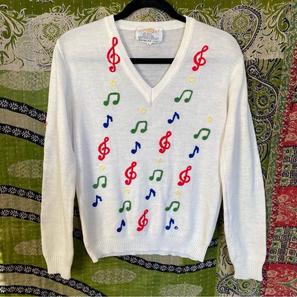 Vintage 80's Cyn Les Shirlee Designs White Embroidered Sweater Size Large